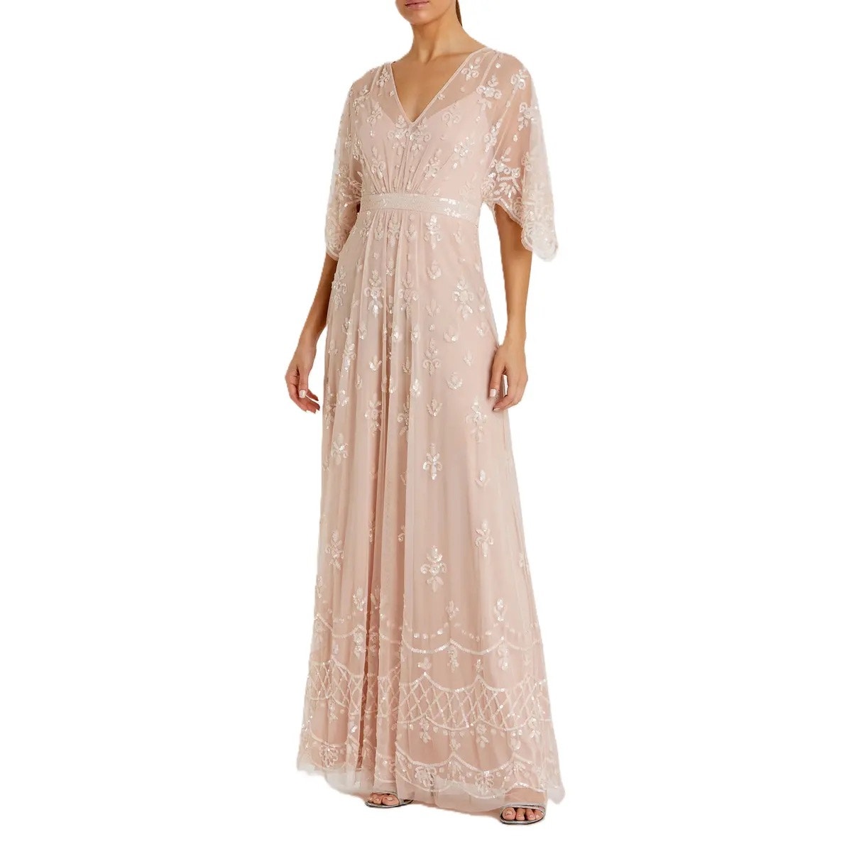 Mac Duggal Blush Pink V Neck Flounce Sleeve Embellished Mesh Gown Size 8
